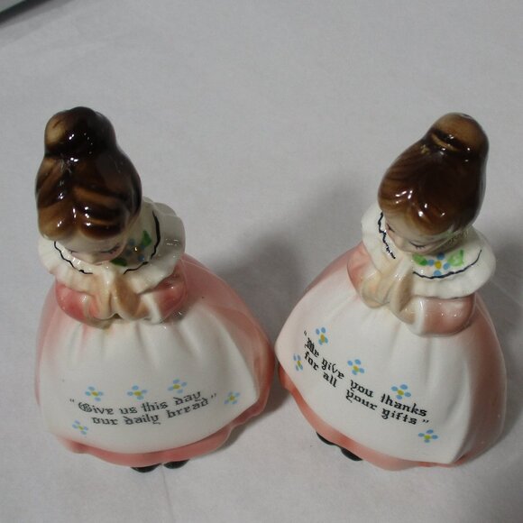 Vintage Enesco Praying Girls Ladies Salt & Pepper Pink Dresses. Give us This Day - Picture 7 of 11